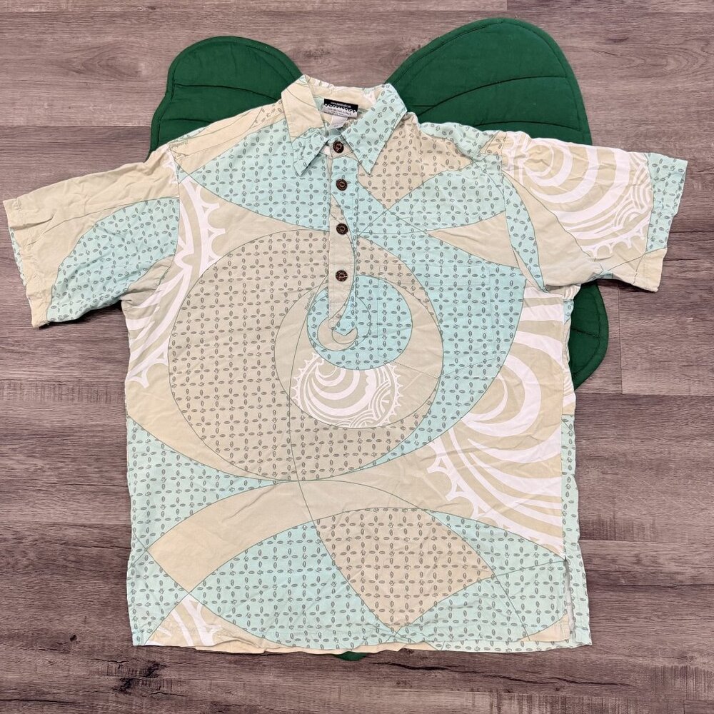 Manuhealii Mens Medium Tan Mint Green Short Sleeve Pullover Aloha Shirt